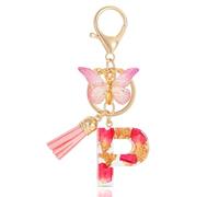 MWOOT Alphabet Initial Letter P Keychain Fashion Key Ring,Alphabet Petals Gold Foil Resin Keyring Charm with Butterfly Tassel Pendant,Pink Key Chain for Women Gift Purse Bag Handbag Decoration (P)