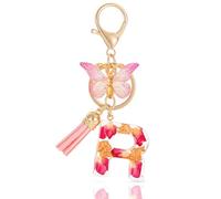 MWOOT Alphabet Initial Letter R Keychain Fashion Key Ring,Alphabet Petals Gold Foil Resin Keyring Charm with Butterfly Tassel Pendant,Pink Key Chain for Women Gift Purse Bag Handbag Decoration (R)