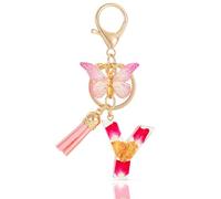MWOOT Alphabet Initial Letter Y Keychain Fashion Key Ring,Alphabet Petals Gold Foil Resin Keyring Charm with Butterfly Tassel Pendant,Pink Key Chain for Women Gift Purse Bag Handbag Decoration (Y)