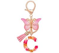 MWOOT Alphabet Resin Letter Keyring Fashion Key Ring,Alphabet Petals Gold Foil Initial Letter C Keychain Charm with Butterfly Tassel Pendant,Pink Keyrings for Women Gift Purse Handbag Decoration(C)