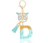 MWOOT Cute Initial Letter D Keyrings Green Key Ring,Capital Alphabet Gold Foil Resin Keychain Charm with Butterfly Tassel Pendant,Fashion Key Chain for Women Adult Gift Purse Bag Handbag Decor(D)