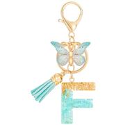 MWOOT Cute Initial Letter F Keyrings Green Key Ring,Capital Alphabet Gold Foil Resin Keychain Charm with Butterfly Tassel Pendant,Fashion Key Chain for Women Adult Gift Purse Bag Handbag Decor(F)