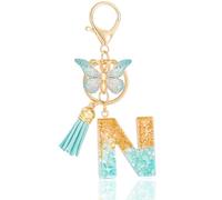 MWOOT Cute Initial Letter N Keyrings Green Key Ring,Capital Alphabet Gold Foil Resin Keychain Charm with Butterfly Tassel Pendant,Fashion Key Chain for Women Adult Gift Purse Bag Handbag Decor(N)