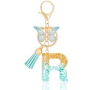 MWOOT Cute Initial Letter R Keyrings Green Key Ring,Capital Alphabet Gold Foil Resin Keychain Charm with Butterfly Tassel Pendant,Fashion Key Chain for Women Adult Gift Purse Bag Handbag Decor(R)