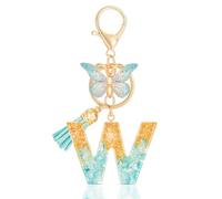 MWOOT Cute Initial Letter W Keyrings Green Key Ring,Capital Alphabet Gold Foil Resin Keychain Charm with Butterfly Tassel Pendant,Fashion Key Chain for Women Adult Gift Purse Bag Handbag Decor(W)