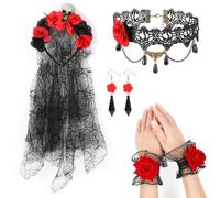 MWOOT Day of the Dead Halloween Costume Set, Rose Skull Veil Headband Gothic Flower Lace Choker Rose Lace Wrist Cuffs Crystal Dangle Earrings, Women Costume Accessories for Masquerade Cosplay Party
