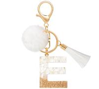 MWOOT E Letter Keyring with Plush Tassels, Initial Keychain Gold White Resin Car Cute Keychain, Personalised Keyring Handbag Charms Craft Accessories Prime Keyring Decoration Gift for Women Friend(E)