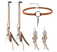 MWOOT Feather Hippie Hair Clips, Indian Hair Extensions with Clip Comb, Brown Leather Choker Necklace, Dream Catcher Dangle Earrings, Bohemian Retro Jewelry Set for Women Costume Party
