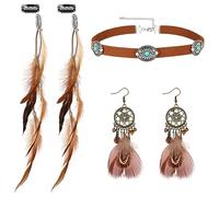 MWOOT Feather Hippie Hair Clips, Indian Hair Extensions with Clip Comb, Brown Leather Choker Necklace, Dream Catcher Bohemian Dangle Earrings, Western Retro Style Jewelry Set for Women Costume Party