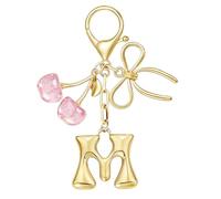 MWOOT Gold Bubble Initial Keychains with Bow & Cherry pendant,Cute letter keychains keyrings for women, Purse Backpack Handbag Charms, Pink,M