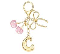 MWOOT Gold Bubble Initial Keychains with Bow & Cherry pendant,Cute letter keychains keyrings for women, Purse Backpack Handbag Charms, Pink,C