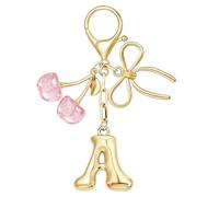 MWOOT Gold Bubble Initial Keychains with Bow & Cherry pendant,Cute letter keychains keyrings for women, Purse Backpack Handbag Charms, Pink,A