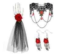 MWOOT Halloween Day of the Dead Rose Skull Hand Veil Hair Clip Skeleton Hand Earrings Black Lace Choker, Gothic Rose Flower Skull Claw Hairpin, Women Costume Accessories for Cosplay Festivals Party