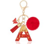 MWOOT Initial keychain, Resin Letter A keychain, Cute Car Keyring, Alphabet Key Chain with Butterfly Tassel, Red Keychains Plush Ball Keychains for Women Purse Bag Handbag Decor (A)