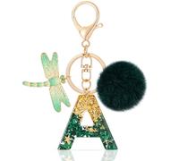 MWOOT Initial keychain, Resin Letter A keychain, Cute Car Keyring, Alphabet Key Chain with Dragonfly, Green Keychains Plush Ball Keychains for Women Purse Bag Handbag Decor (A)