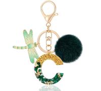 MWOOT Initial keychain, Resin Letter C keychain, Cute Car Keyring, Alphabet Key Chain with Dragonfly, Green Keychains Plush Ball Keychains for Women Purse Bag Handbag Decor (C)