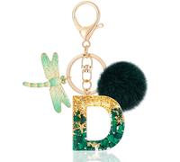 MWOOT Initial keychain, Resin Letter D keychain, Cute Car Keyring, Alphabet Key Chain with Dragonfly, Green Keychains Plush Ball Keychains for Women Purse Bag Handbag Decor (D)