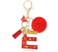 MWOOT Initial keychain, Resin Letter E keychain, Cute Car Keyring, Alphabet Key Chain with Butterfly Tassel, Red Keychains Plush Ball Keychains for Women Purse Bag Handbag Decor (E)