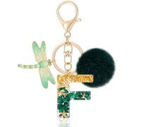 MWOOT Initial keychain, Resin Letter F keychain, Cute Car Keyring, Alphabet Key Chain with Dragonfly, Green Keychains Plush Ball Keychains for Women Purse Bag Handbag Decor (F)