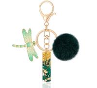 MWOOT Initial keychain, Resin Letter I keychain, Cute Car Keyring, Alphabet Key Chain with Dragonfly, Green Keychains Plush Ball Keychains for Women Purse Bag Handbag Decor (I)