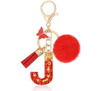 MWOOT Initial keychain, Resin Letter J keychain, Cute Car Keyring, Alphabet Key Chain with Butterfly Tassel, Red Keychains Plush Ball Keychains for Women Purse Bag Handbag Decor (J)