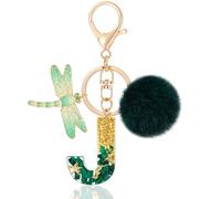 MWOOT Initial keychain, Resin Letter J keychain, Cute Car Keyring, Alphabet Key Chain with Dragonfly, Green Keychains Plush Ball Keychains for Women Purse Bag Handbag Decor (J)