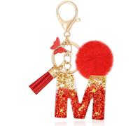 MWOOT Initial keychain, Resin Letter M keychain, Cute Car Keyring, Alphabet Key Chain with Butterfly Tassel, Red Keychains Plush Ball Keychains for Women Purse Bag Handbag Decor (M)