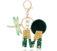 MWOOT Initial keychain, Resin Letter M keychain, Cute Car Keyring, Alphabet Key Chain with Dragonfly, Green Keychains Plush Ball Keychains for Women Purse Bag Handbag Decor (M)