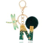 MWOOT Initial keychain, Resin Letter N keychain, Cute Car Keyring, Alphabet Key Chain with Dragonfly, Green Keychains Plush Ball Keychains for Women Purse Bag Handbag Decor (N)