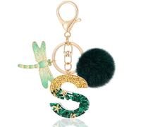 MWOOT Initial keychain, Resin Letter S keychain, Cute Car Keyring, Alphabet Key Chain with Dragonfly, Green Keychains Plush Ball Keychains for Women Purse Bag Handbag Decor (S)