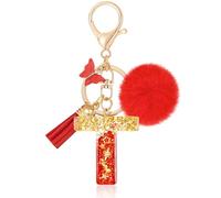MWOOT Initial keychain, Resin Letter T keychain, Cute Car Keyring, Alphabet Key Chain with Butterfly Tassel, Red Keychains Plush Ball Keychains for Women Purse Bag Handbag Decor (T)