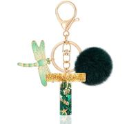 MWOOT Initial keychain, Resin Letter T keychain, Cute Car Keyring, Alphabet Key Chain with Dragonfly, Green Keychains Plush Ball Keychains for Women Purse Bag Handbag Decor (T)