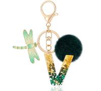 MWOOT Initial keychain, Resin Letter V keychain, Cute Car Keyring, Alphabet Key Chain with Dragonfly, Green Keychains Plush Ball Keychains for Women Purse Bag Handbag Decor (V)