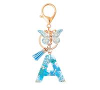 MWOOT Initial Letter A Keychain Resin Alphabet Keyrings,Blue Petals Gold Foil Key Ring Charm with Butterfly Tassel Pendant,Kawaii Key Chain for Womens Gift Ideas Wallet Purse Bag Handbag Decor(A)
