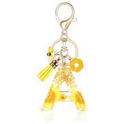 MWOOT Initial Letter A Keychain Resin Alphabet Keyrings,Yellow Petals Gold Foil Key Ring Charm with Daisy Bee Tassel Pendant,Key Chain for Womens Gift Ideas Wallet Purse Bag Handbag Decor(A)