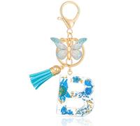 MWOOT Initial Letter B Keychain Resin Alphabet Keyrings,Blue Petals Gold Foil Key Ring Charm with Butterfly Tassel Pendant,Kawaii Key Chain for Womens Gift Ideas Wallet Purse Bag Handbag Decor (B)