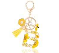 MWOOT Initial Letter B Keychain Resin Alphabet Keyrings,Yellow Petals Gold Foil Key Ring Charm with Daisy Bee Tassel Pendant,Key Chain for Women's Gift Ideas Wallet Purse Bag Handbag Decor(B)