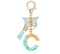 MWOOT Initial Letter C Keychain Key Ring,Funny Alphabet Gold Foil Resin Keyring Charm with Butterfly Tassel Pendant,Fashion Green Key Chain for Women Adult Gift Purse Backpack Handbag Decor(C)
