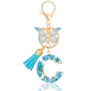 MWOOT Initial Letter C Keychain Resin Alphabet Keyrings,Blue Petals Gold Foil Key Ring Charm with Butterfly Tassel Pendant,Kawaii Key Chain for Womens Gift Ideas Wallet Purse Bag Handbag Decor(C)