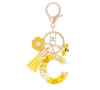 MWOOT Initial Letter C Keychain Resin Alphabet Keyrings,Yellow Petals Gold Foil Key Ring Charm with Daisy Bee Tassel Pendant,Key Chain for Women's Gift Ideas Wallet Purse Bag Handbag Decor(C)