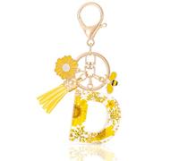 MWOOT Initial Letter D Keychain Resin Alphabet Keyrings,Yellow Petals Gold Foil Key Ring Charm with Daisy Bee Tassel Pendant,Key Chain for Women's Gift Ideas Wallet Purse Bag Handbag Decor(D)