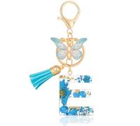MWOOT Initial Letter E Keychain Resin Alphabet Keyrings,Blue Petals Gold Foil Key Ring Charm with Butterfly Tassel Pendant,Kawaii Key Chain for Womens Gift Ideas Wallet Purse Bag Handbag Decor (E)