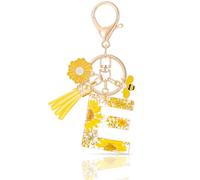 MWOOT Initial Letter E Keychain Resin Alphabet Keyrings,Yellow Petals Gold Foil Key Ring Charm with Daisy Bee Tassel Pendant,Key Chain for Women's Gift Ideas Wallet Purse Bag Handbag Decor(E)