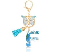 MWOOT Initial Letter F Keychain Resin Alphabet Keyrings,Blue Petals Gold Foil Key Ring Charm with Butterfly Tassel Pendant,Kawaii Key Chain for Womens Gift Ideas Wallet Purse Bag Handbag Decor (F)