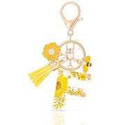 MWOOT Initial Letter F Keychain Resin Alphabet Keyrings,Yellow Petals Gold Foil Key Ring Charm with Daisy Bee Tassel Pendant,Key Chain for Women's Gift Ideas Wallet Purse Bag Handbag Decor(F)