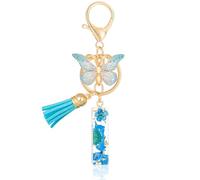 MWOOT Initial Letter I Keychain Resin Alphabet Keyrings,Blue Petals Gold Foil Key Ring Charm with Butterfly Tassel Pendant,Kawaii Key Chain for Womens Gift Ideas Wallet Purse Bag Handbag Decor (I)
