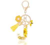 MWOOT Initial Letter J Keychain Resin Alphabet Keyrings,Yellow Petals Gold Foil Key Ring Charm with Daisy Bee Tassel Pendant,Key Chain for Women's Gift Ideas Wallet Purse Bag Handbag Decor(J)