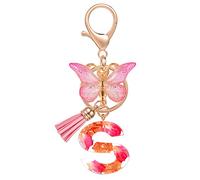 MWOOT Initial Letter Keychain Pink Keyrings,Alphabet Petals Gold Foil Resin Key Ring Charm with Butterfly Tassel Pendant,Key Chain for Women Girl Adult Gift Wallet Bag Handbag Decoration(S)