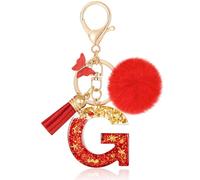 MWOOT Initial Letter Keychains Keyring Letter G, Alphabet Initial Keyring with Butterfly Pompom Pendant, Red Gold Leaf Key Ring for Women Wallets Handbag Luggage Charm (G)