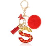 MWOOT Initial Letter Keychains Keyring Letter S, Alphabet Initial Keyring with Butterfly Pompom Pendant, Red Gold Leaf Key Ring for Women Wallets Handbag Luggage Charm (S)